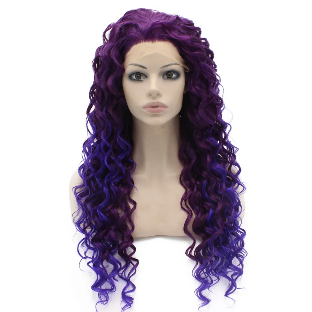 

Free Shipping 26" Extra Long #3700/3700L Purple Tip-Blue 150% Density Heat Resistant Synthetic Lace Front Carnival Wig W18