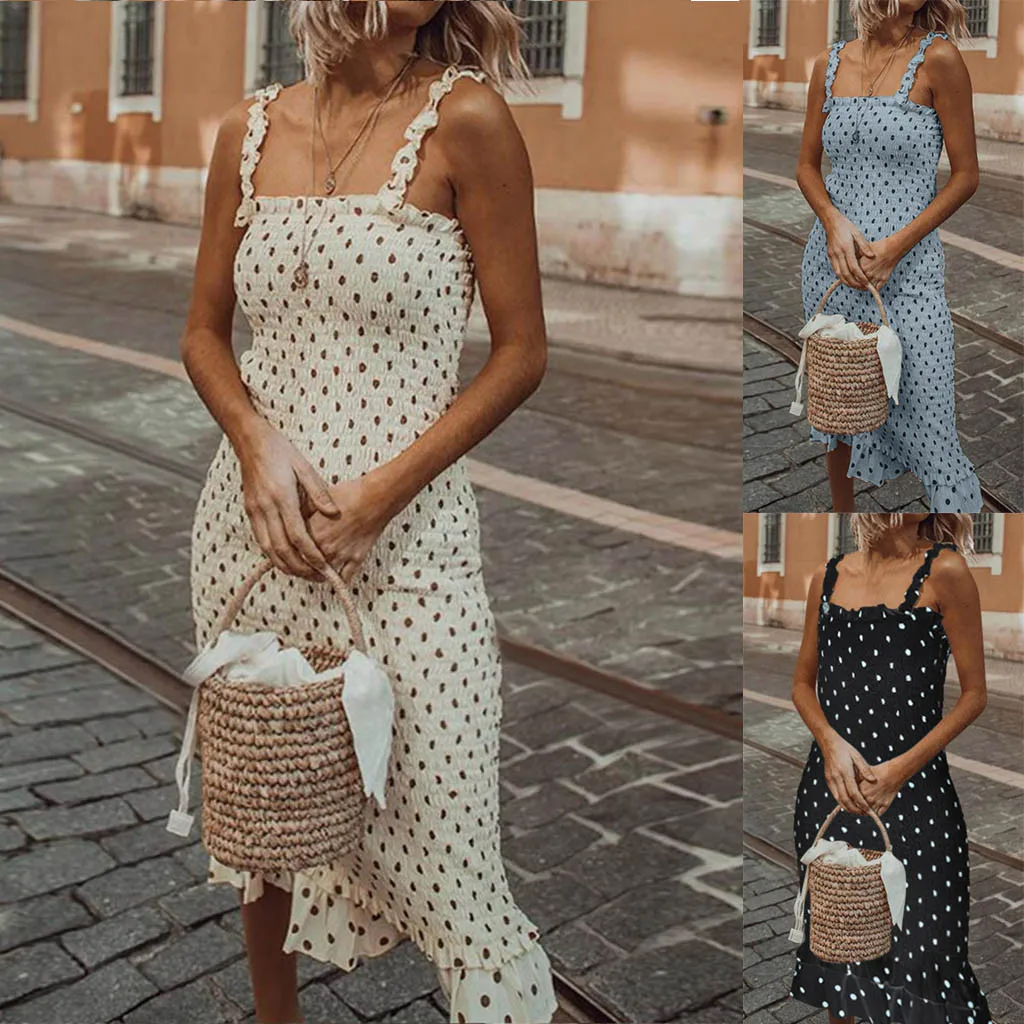 

Dress women summer 2019 dress women Fashion Dot Print Slim Elegant Ruffle Hem Tnak Dress Casual Swing Party Dress Y612