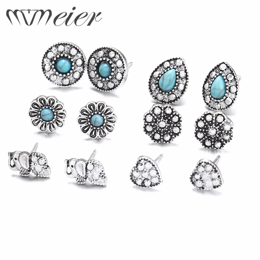 

MMeier 6pairs/set Vintage Crystal Retro Hollow Elephant Stud Earrings Set For Women Girls 2018 Fashion Bead Stone Small Earrings