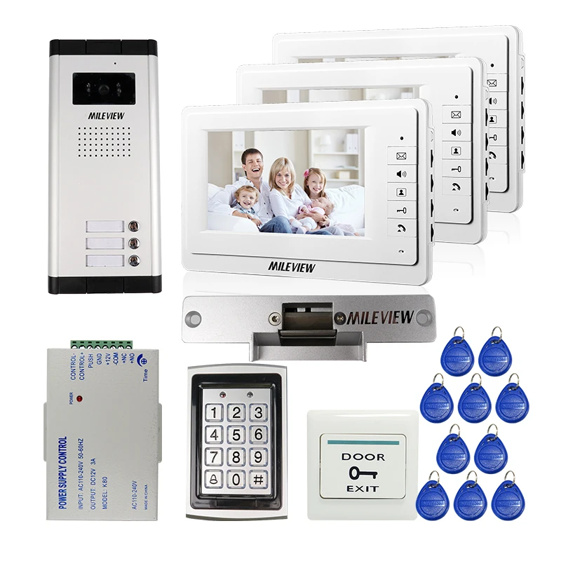 

FREE SHIPPING 7" Video Intercom Apartment Door Phone 3 Monitors System Outdoor Camera for 3 Family + Metal RFID Access System