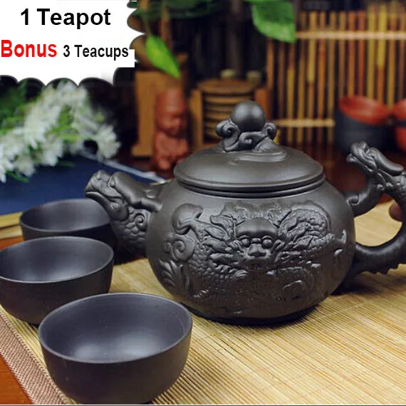 Authentic 4 Pcs Kung Fu Tea Set 1 Teapot 3 Cups 360ml Dragon Kettle Infuser Yixing