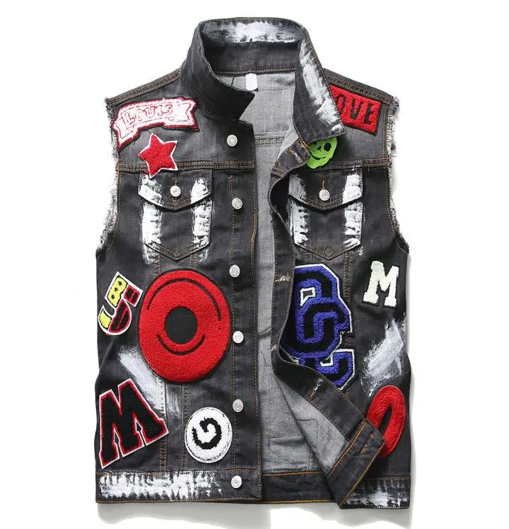 

Mens Punk Rock Embroidery Vest Motorcycle Club Male Denim Biker Vest Eagle Patch Painted Multi Badges Sleeveless Jackets