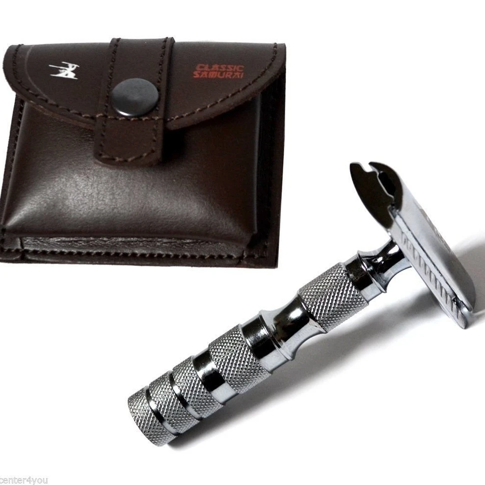 Classic Samurai 205S Safety Razor Shave Set ,Pure Badger Brush, Leather Case (1)