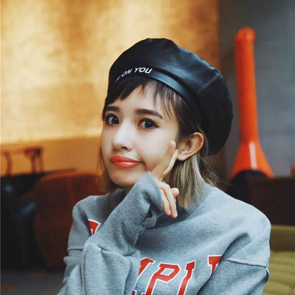 

Solid Color PU leather Girls Korean Adjustable Winter Warm Women Beret Hat Casual Soft Flat Top Caps Dress Accessories