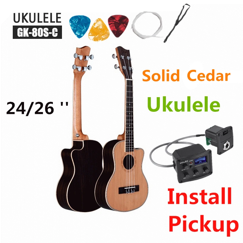 

Top Solid Ukulele Cedar Rosewood Concert Tenor 24 26 Inches Cutaway Pick Up Guitar Mini 4 Strings Ukelele Guitarra Closed knob