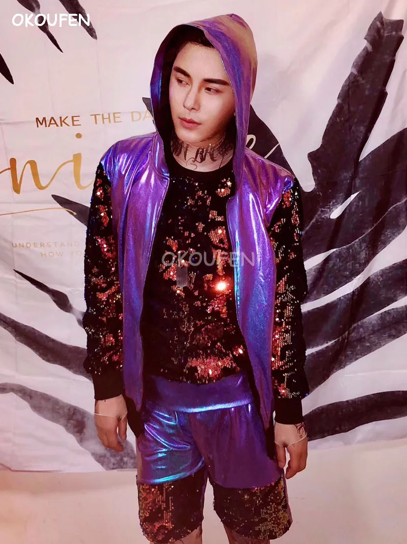 

2018 New Men Cool Fashion Blue Purple Sequins Hip Hop Baseball Costume Set Bar Nightclub Male singer DJ DS stage wear