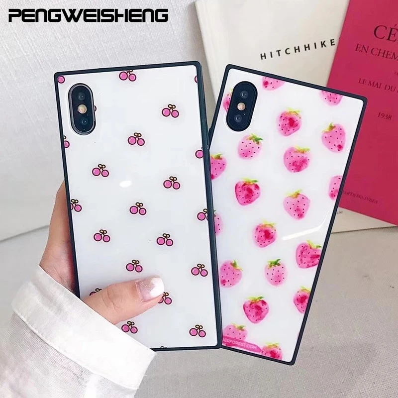 For iPhone X 7 8 Plus Luxury Sweet Square Glass Phone Case For iPhone 6 6S Plus shell girl cute cover Coque