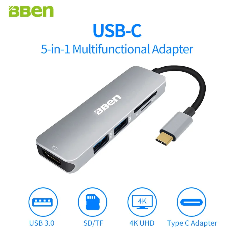 

BBEN USB-C Hub 5in1 with Type C Power Hub 4K Video USB 3.0 HUB TF/SD Card Reader for Laptop PC Tablet Charging Data Transfer Hub