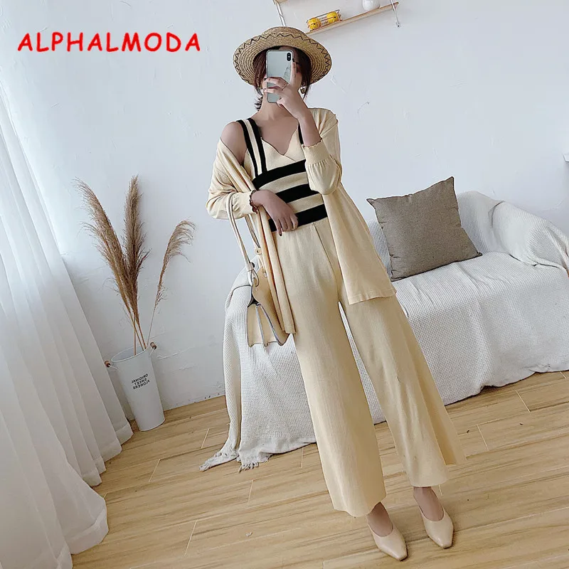Женский трикотажный короткий топ ALPHALMODA жилет + куртка широкие брюки повседневный