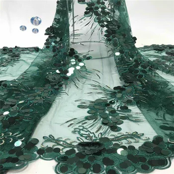 

Unique beads Design African Sequins Net Lace Fabric High Quality green Nigeria Indian Embroidery Guipure Mesh Gold Sequined Lace