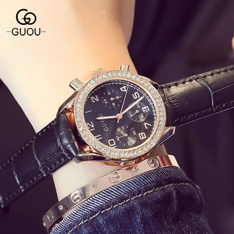 

GUOU AAA Luxury Women Dress Watch Genuine Leather Crystal Calendar Glitter 3 Eyes Wristwatch Watch for Ladies Female GU003