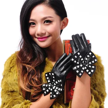 

Bow Leather Gloves Women Dance Party Full Finger Black 100% Genuine Leather Sheepskin Gloves Perfomance Hand Gloves