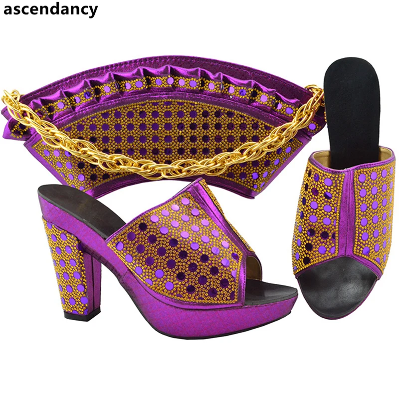 

New Arrival African Shoes and Bag Set Decorated with Rhinestone Nigerian Style Shoe and Bag Set Designer Shoes Women Luxury 2018
