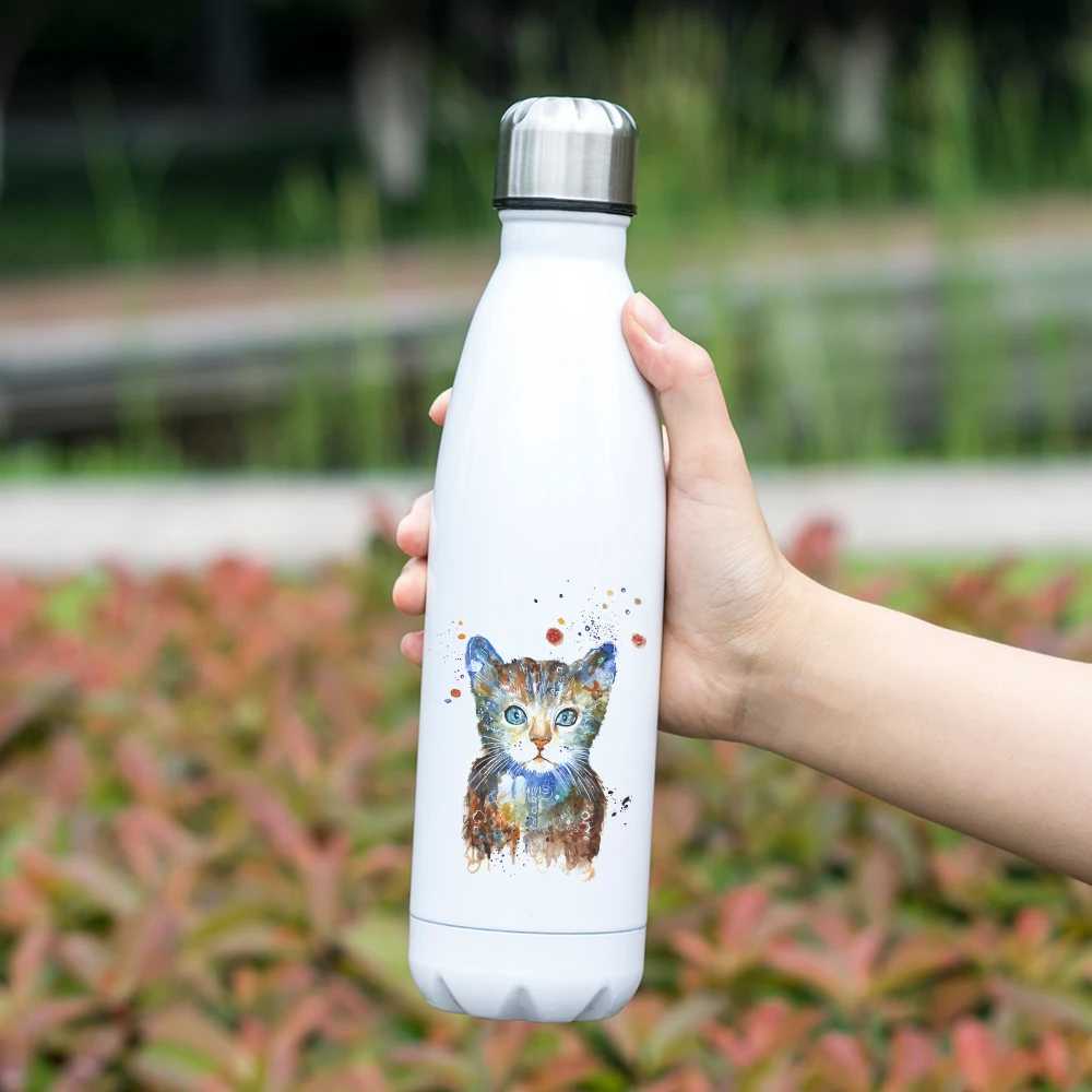 Акварельный рисунок кошки печатная нержавеющая сталь бутылка для воды Изолированная вакуумная колба Кокс термос 17 унций уникальный крутой дизайн