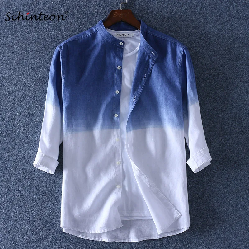 

Schinteon 2019 Gradient Men 100% Linen Shirt Three Qurarter Sleeve Summer Slim Stand Collar Comfortable Shirts