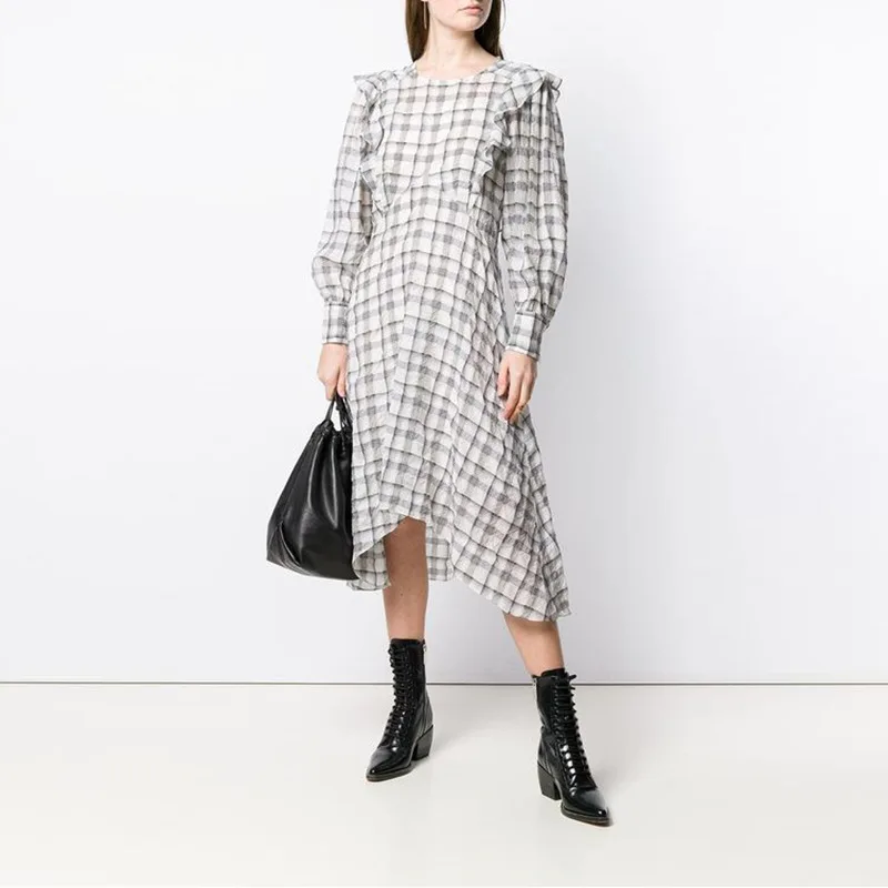

Grey Checked Print Midi DRESS Round Neck Front Ruffles Trim Long Puff Sleeved Woman high quality dress