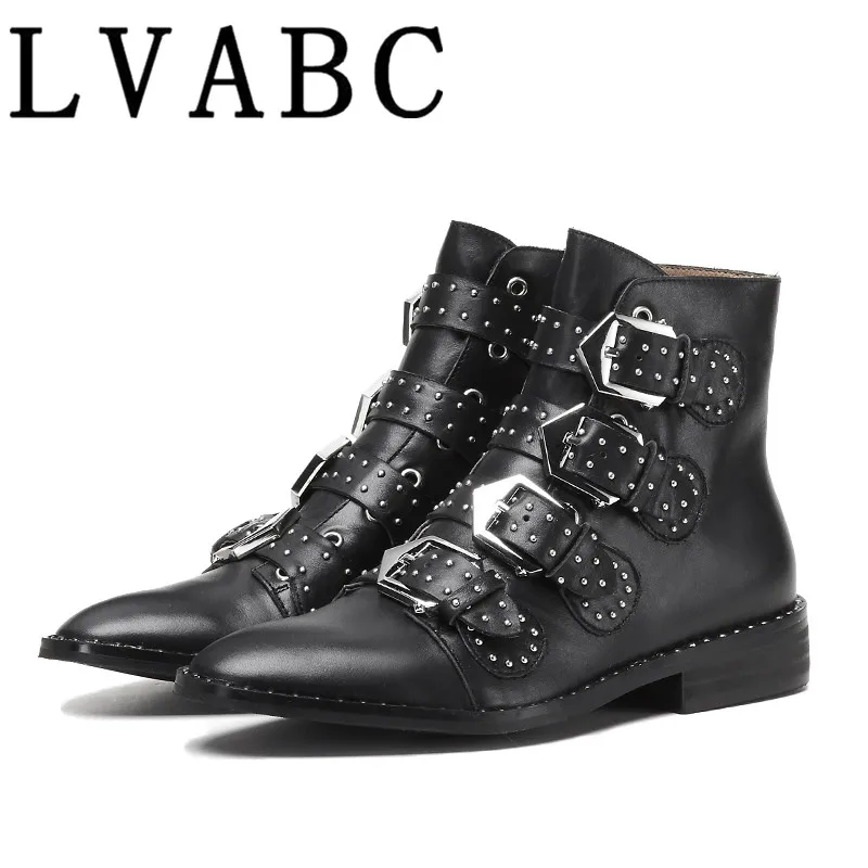 

2018new Women Genuine Leather Heels Mid Calf Boots Ladies Rivets Cross Strap Shoes Women Warm Punk Footwear Size 34-43