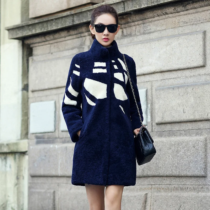 Col Manteaux Mode Feminino 2019 Fourrure Mouton Femmes Femelle Laine De Manteau Supérieure Casaco Veste black D'hiver Blue Qualité Réel Pied qgO1Z