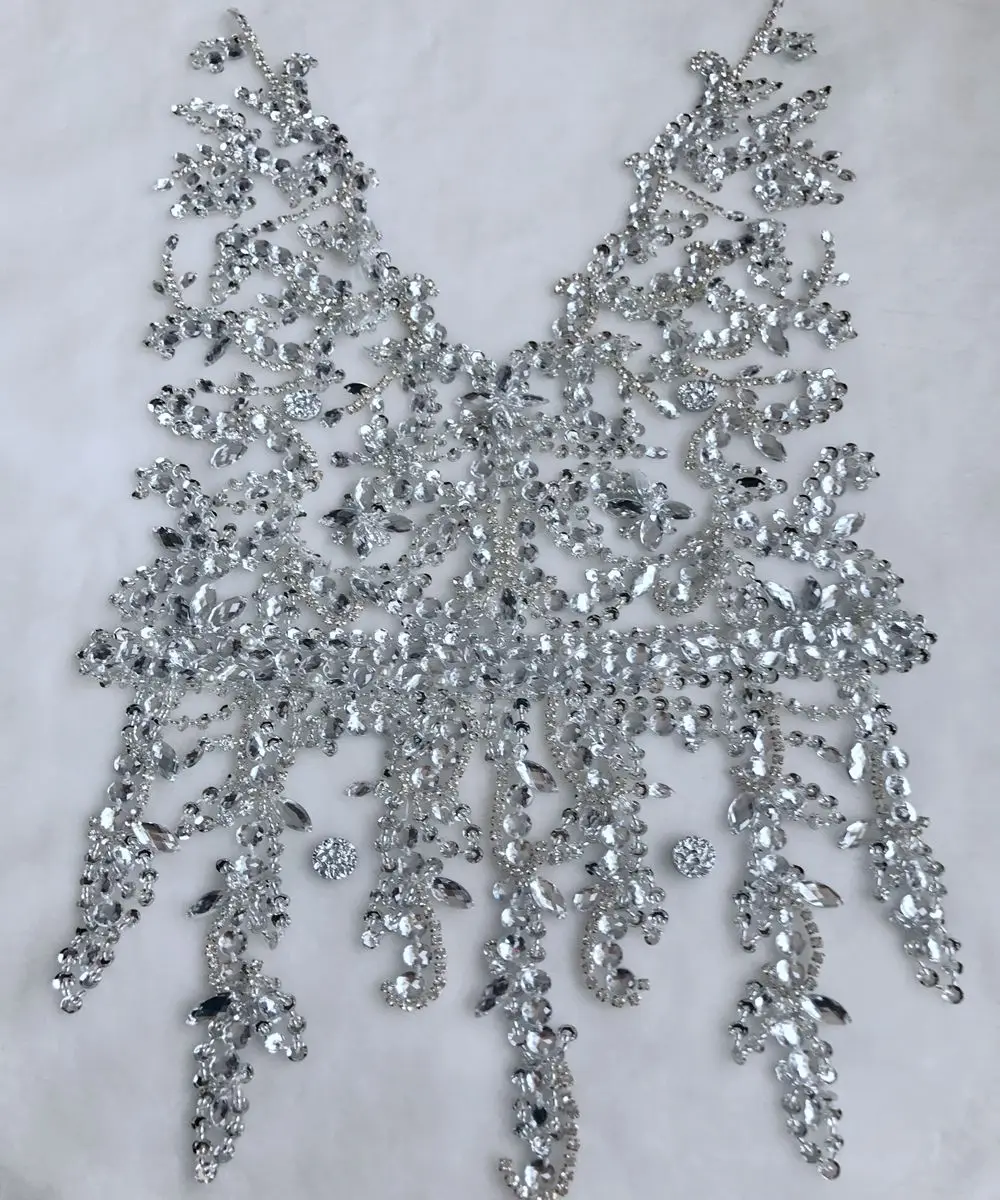 Серебряные Кристаллы ручной работы нашивки отделка пришить блестки стразы аппликация на белой сетке 56*30 см для топа платье юбка