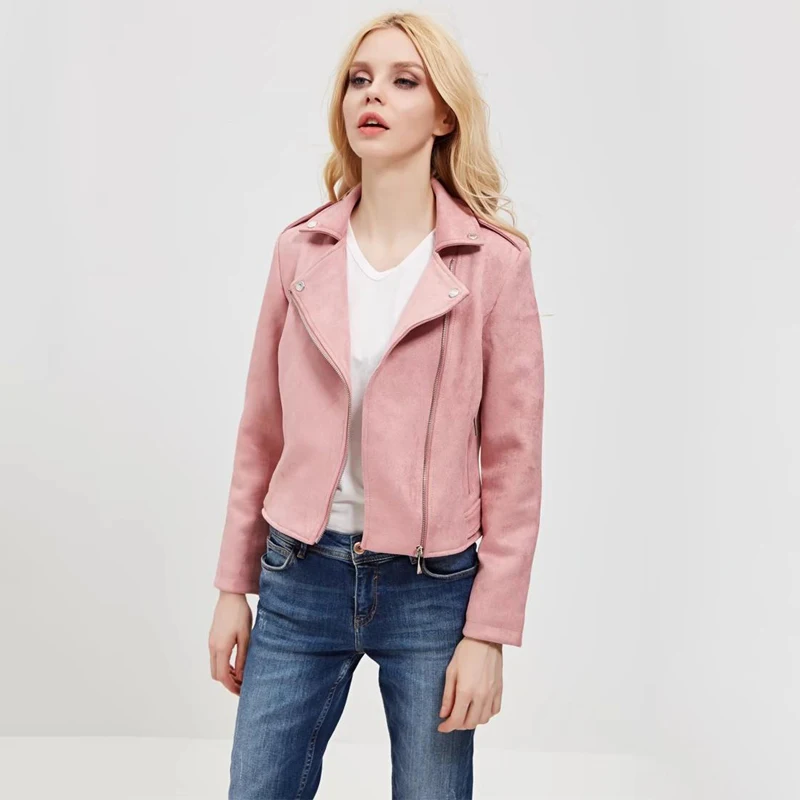 New Arrial Women Autumn Winter Suede Faux Leather Jackets Lady Fashion Matte Motorcycle Coat Biker Pink Zipper Outerwear