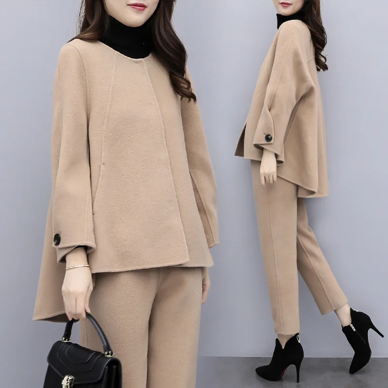 Camel Woolen Two Piece Set Women Winter Long Sleeve Tops And Pants Trousers Sets Suits Office 2 Piece Set Women's Sets Black