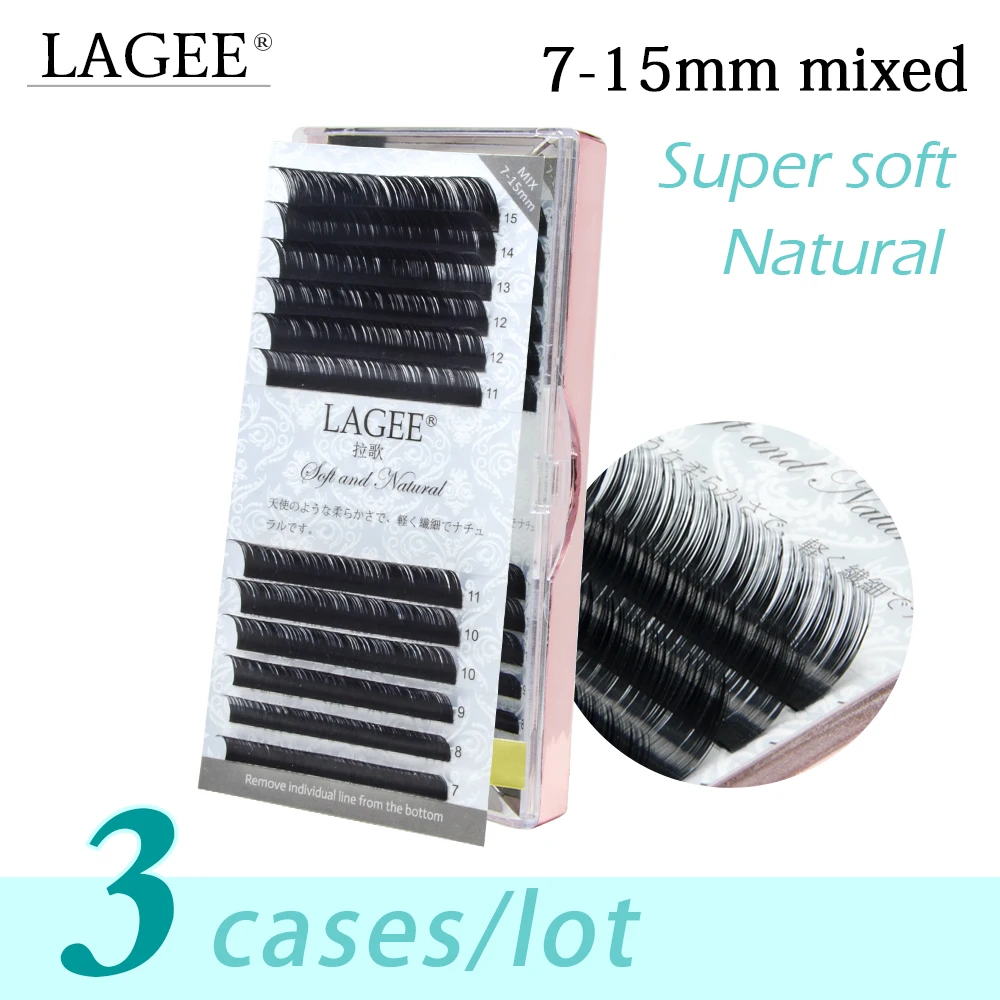 

LAGEE 3 cases 7-15 mm mixed high-quality faux mink Individual eyelash extensions black false eyelashes soft natural new design