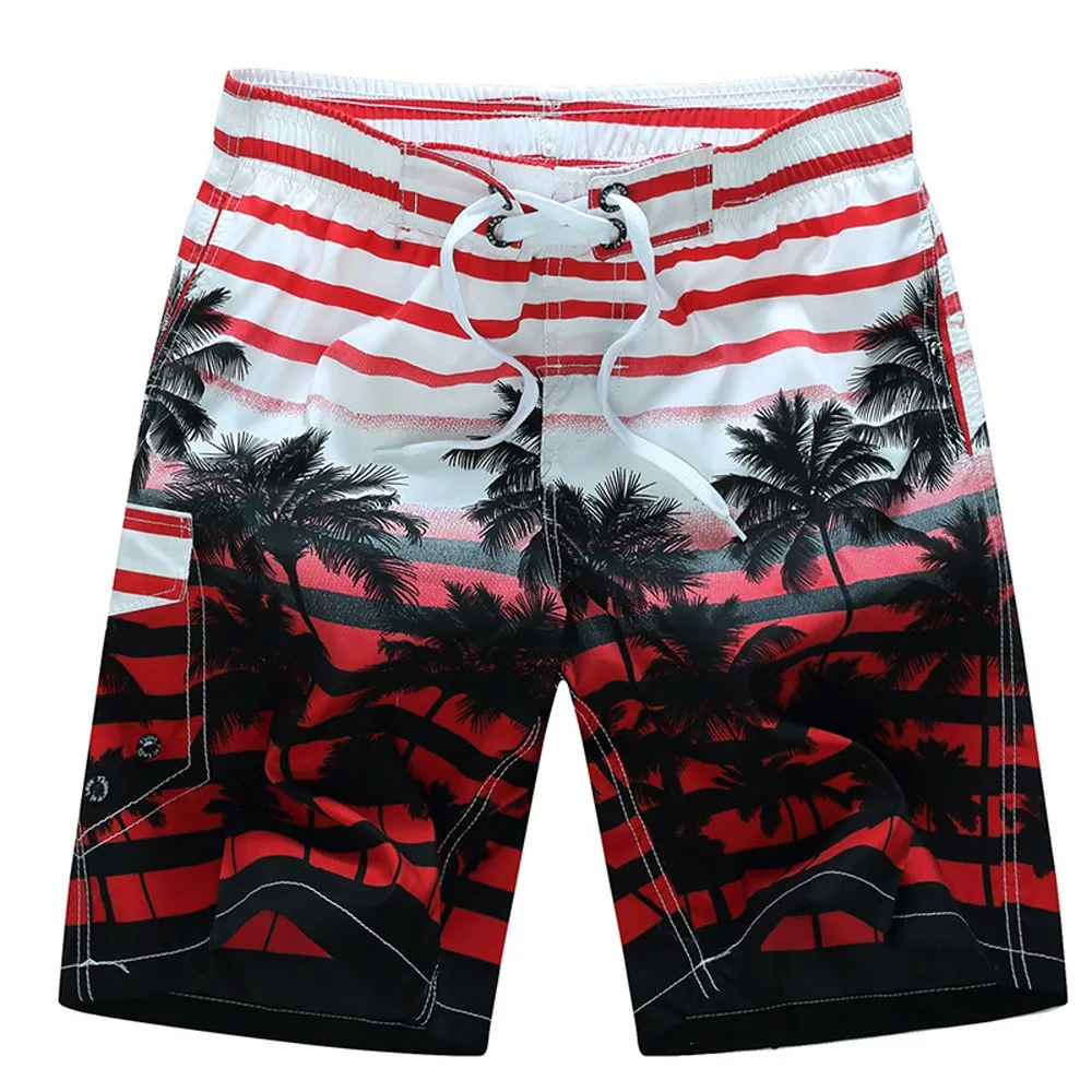 

2019 Plus Size M-L6 Coconut Tree Print Men Swimming Trunks Elastic Striped Swimwear Shorts Swimsuit Beach Pants Sunga Masculina
