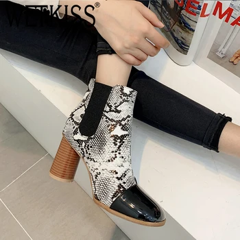 

WETKISS Winter Keep Warm Chelsea Boots Snakeskin Mixed Colors High Heels Round Toe Non Slip Bootie Casual Thermal Ankle Boots