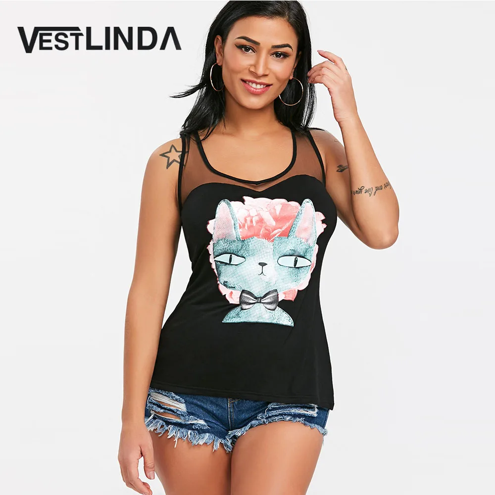VESTLINDA Sheer Mesh Floral Cat Print Chic Tank Top Women Summer Causal
