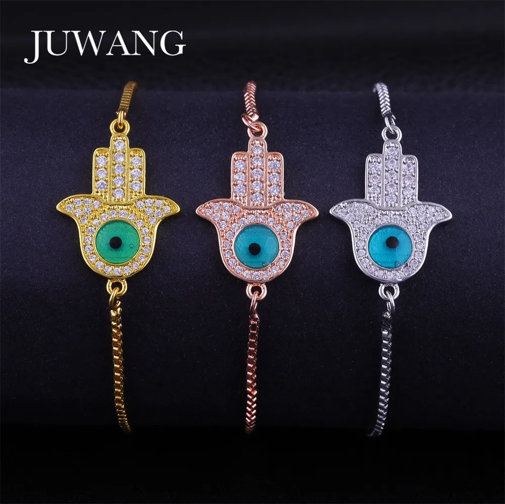 

JUWANG Turkey Evil Eye Hamsa Hand Bracelet&Bangle for Women AAA Cubic Zircon Gold Color Charm Jewelry Gift Wholesale