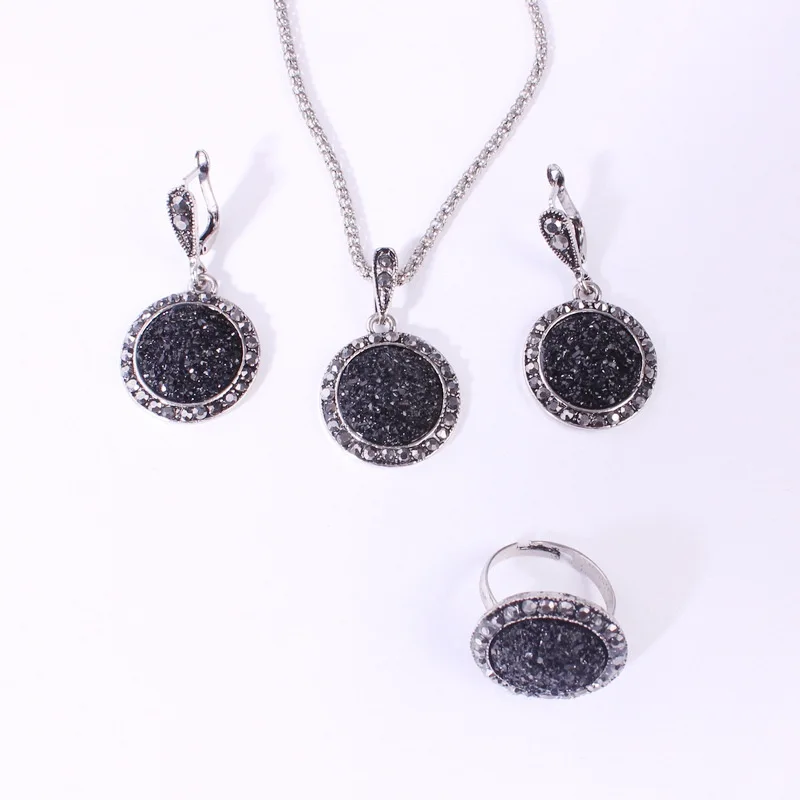 M MISM, 4 шт., женский модный комплект ювелирных изделий, ожерелье, серьги, кольцо, роскошный черный, полный, стразы, цепочка, подвеска, Одноцветный, винтажный стиль