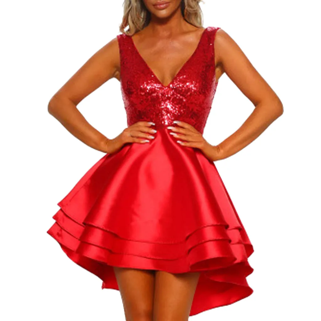 

personality style ins 2019 Fashion Women Sleeveless tutu dress irregular red Sequin Pleate Dress dance layer Dress vestiti donna