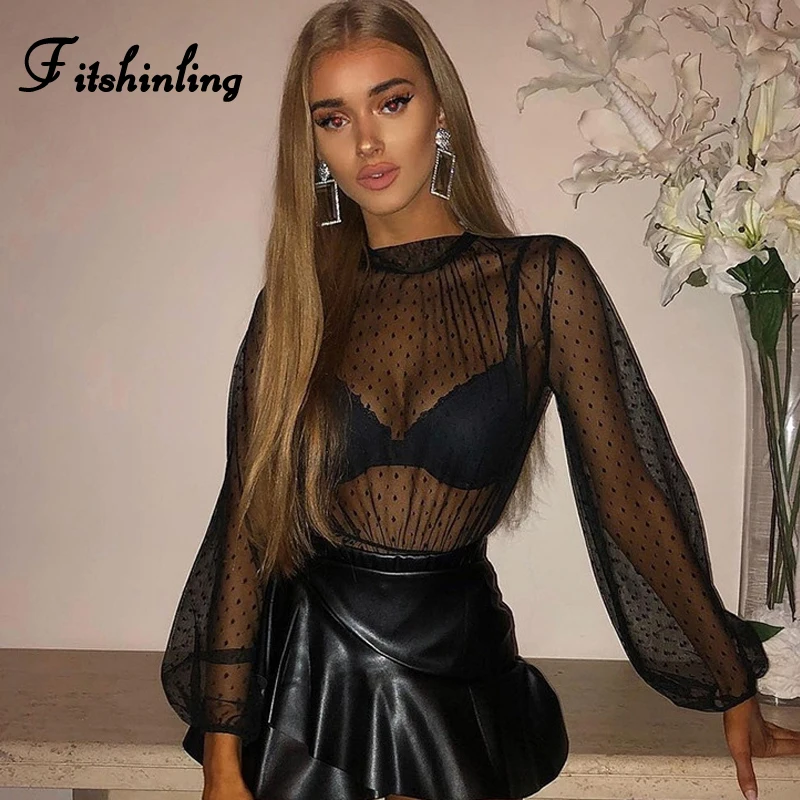 Fitshinling в горошек сетки кружева модные женские блузки 2019 Прозрачная Сексуальная