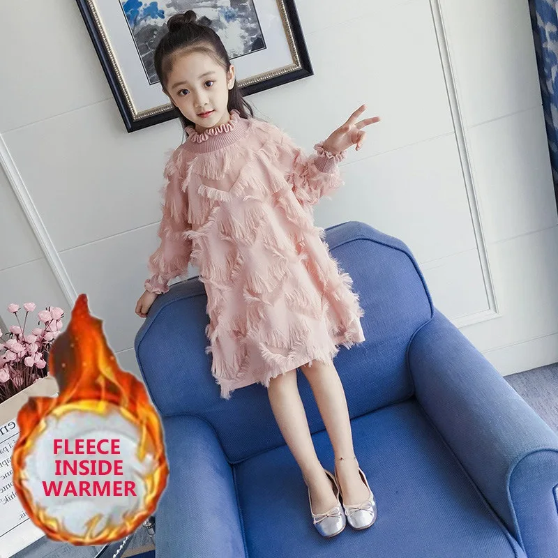 

2019 High Quality Tassel Girls Autumn Winter Dress Fleece Inside Girls Princess Dresses Kids Clothes Girl Casual Children Dress