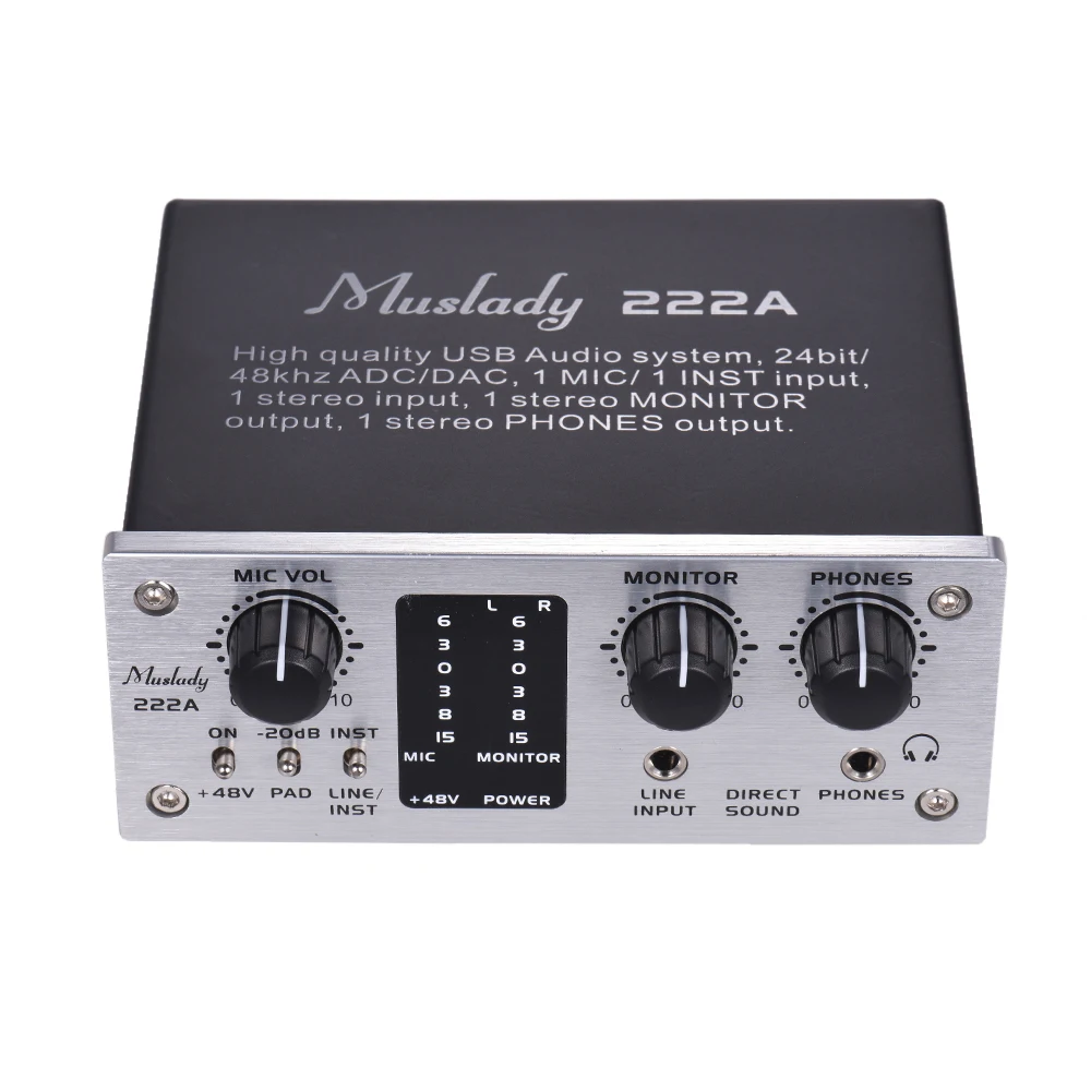  2-Channel Mini USB Audio System Interface External Sound Card +48V phantom power DC 5V Power Supply
