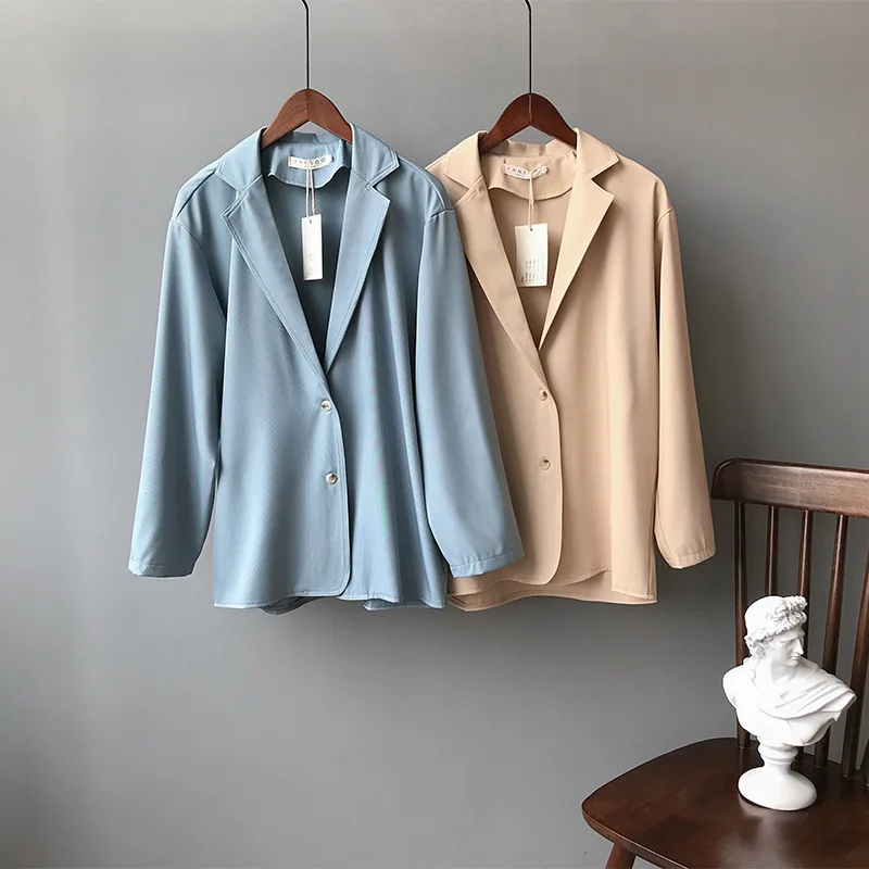 

Mooirue Spring Femme Basic Balzer Blue Khaki Jacket Slim Single Breasted Cotton Suit Loose Thin Korean Cardigan Female Coat