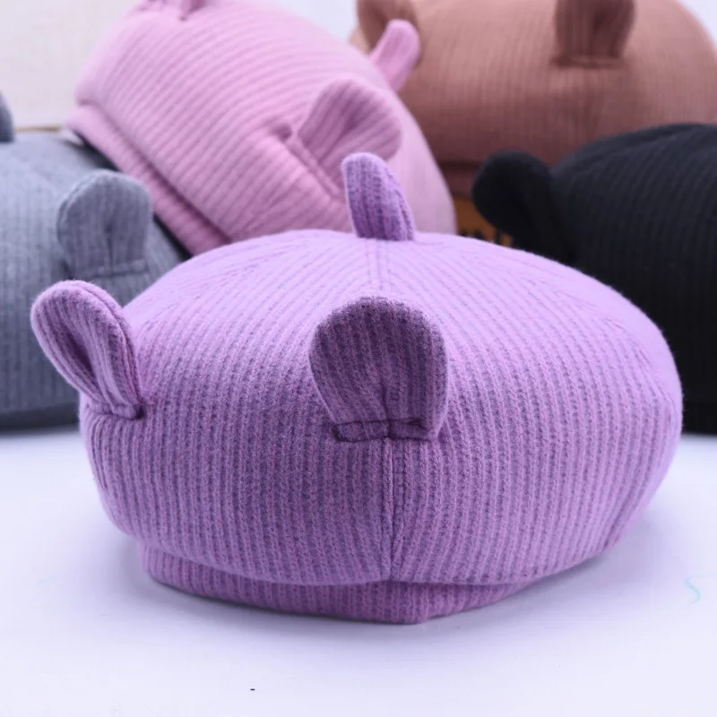 

2019 Cute Bayby Beret Hats For Kids Winter Autumn Beret Hats for Children Cat Ear Wool Octagonal Caps Girls Flat Caps