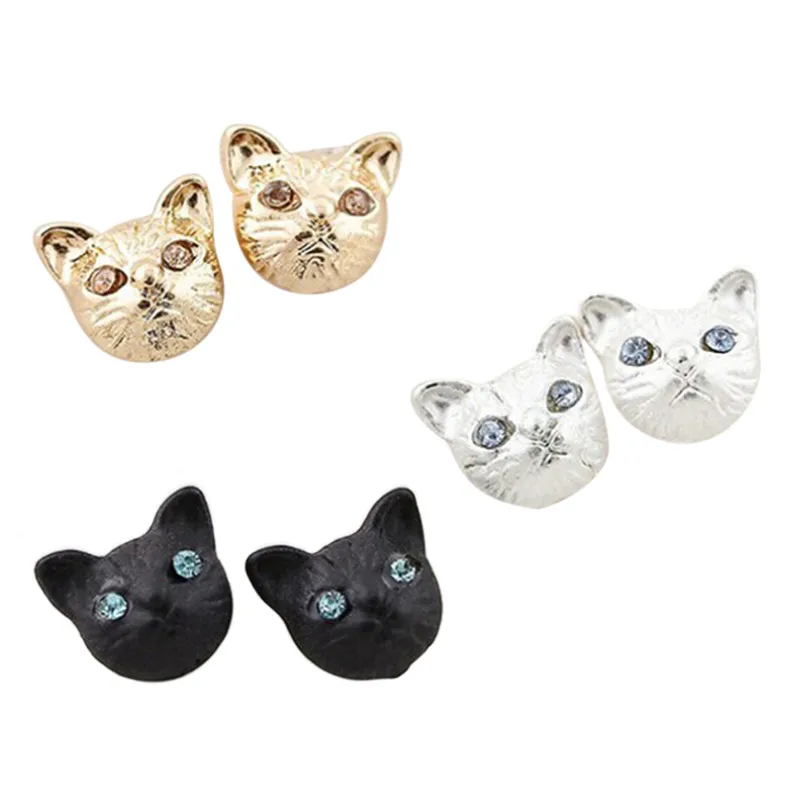 

Hot Sale 1pair Hot Sale Silver Gold Black Cute Cat Earings Small Stud Earrings For Women Fashion Jewelry