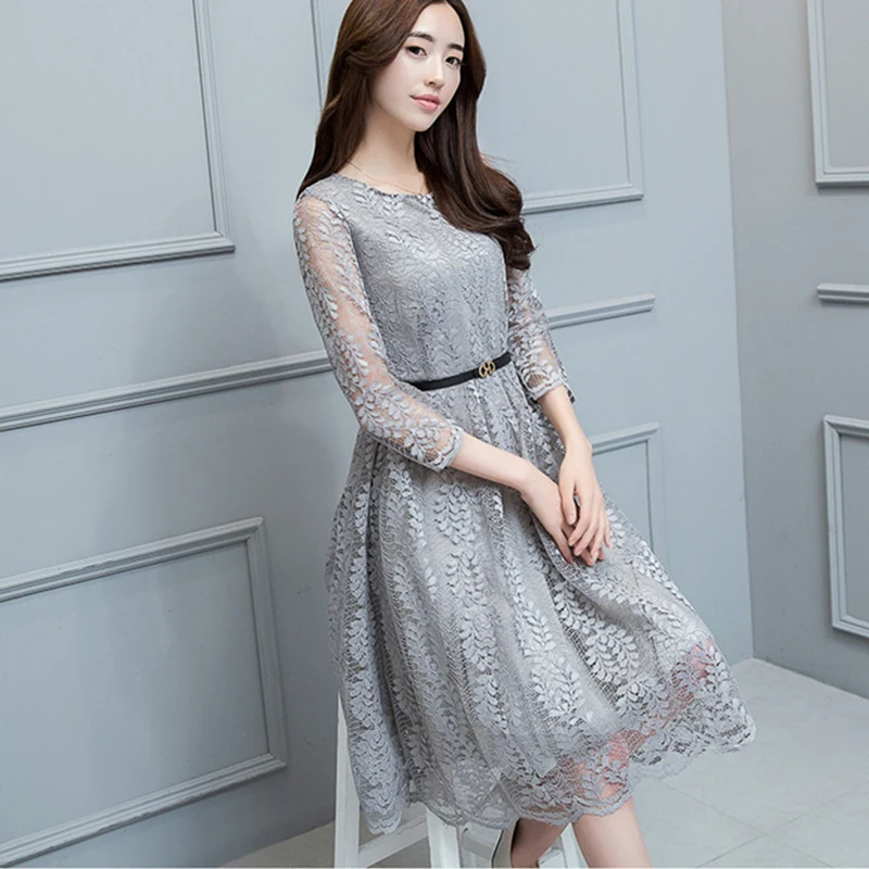 

Floral Lace Dress Women Hight Waist Plus Size 3xl Elegant Dresses Feminina Gray Hollow Out Belt Silm Knee Lenght 3/4 Sleeves