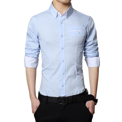 Корейский стиль Мужская рубашка весна и осень с длинным рукавом Тонкая мужская деловая Повседневная рубашка плюс размер Формальная Мода - Цвет: light blue