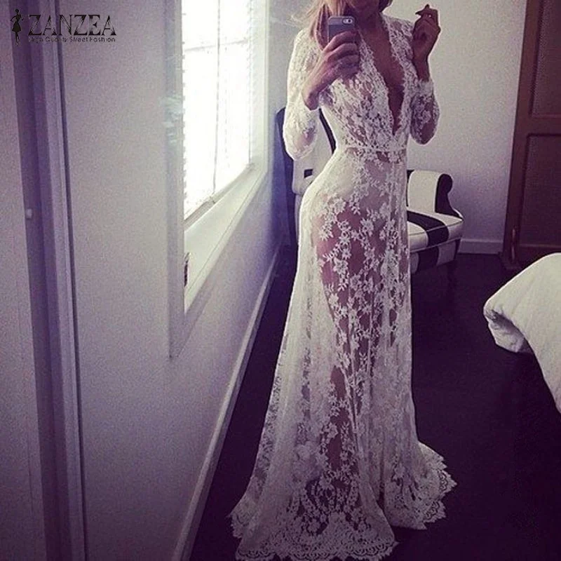 

2019 Summer European ZANZEA Womens Sexy Lace Embroidery Maxi Solid White Dress Long Sleeve Deep V Neck Vestidos Plus Size