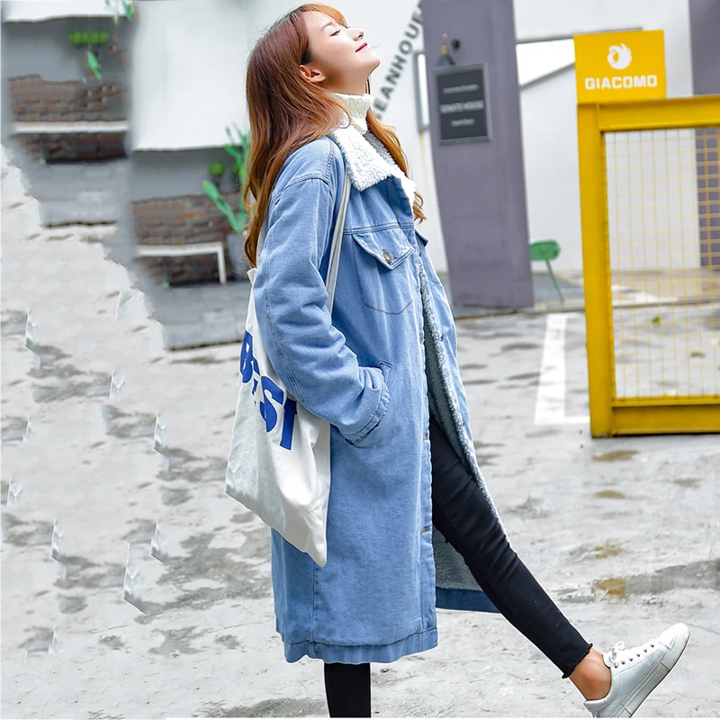 Chaqueta de mezclilla de estilo largo de las mujeres abrigo de tela de mezclilla gruesa de estilo largo cortavientos forro de felpa gruesa Parkas cálidas de mujer - 3