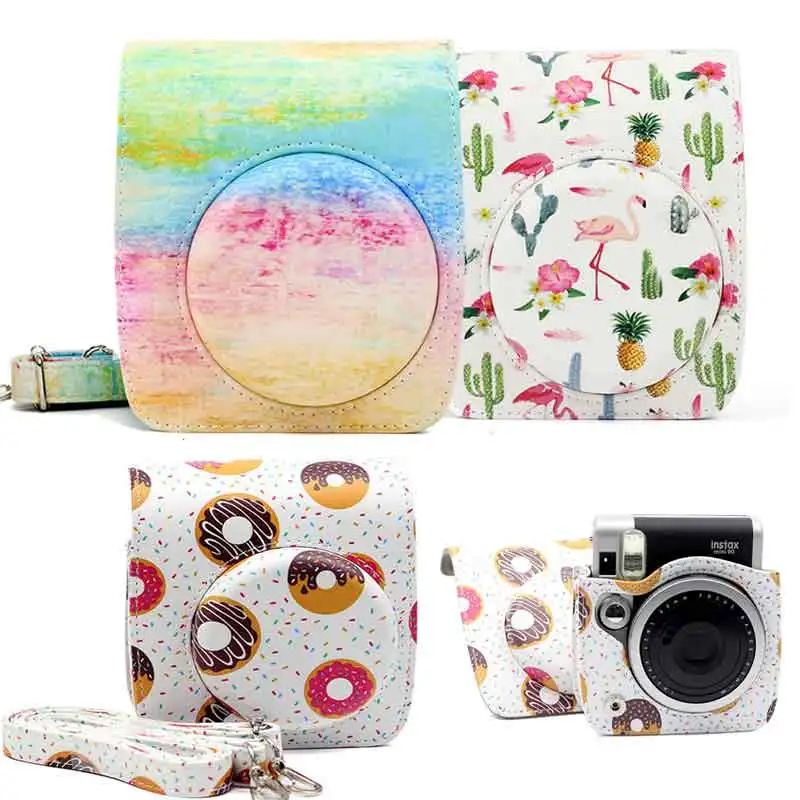 

Donut Flamingo Painting Case For Fuji Instant mini90 PU Leather Camera Bag Protector Cover Pouch For Fujifilm Instax Mini 90