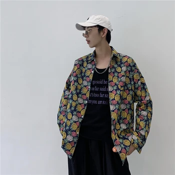 

2019 Summer New Korean Retro Print Wild Long-sleeved Pineapple Graffiti Loose Large Size Men's Casual Shirt