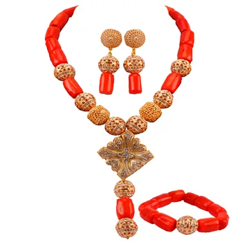 

Fashionable Original Orange Coral Beads Nigerian Wedding African Jewelry Sets Statement Necklace Set Free Shipping RCBS06