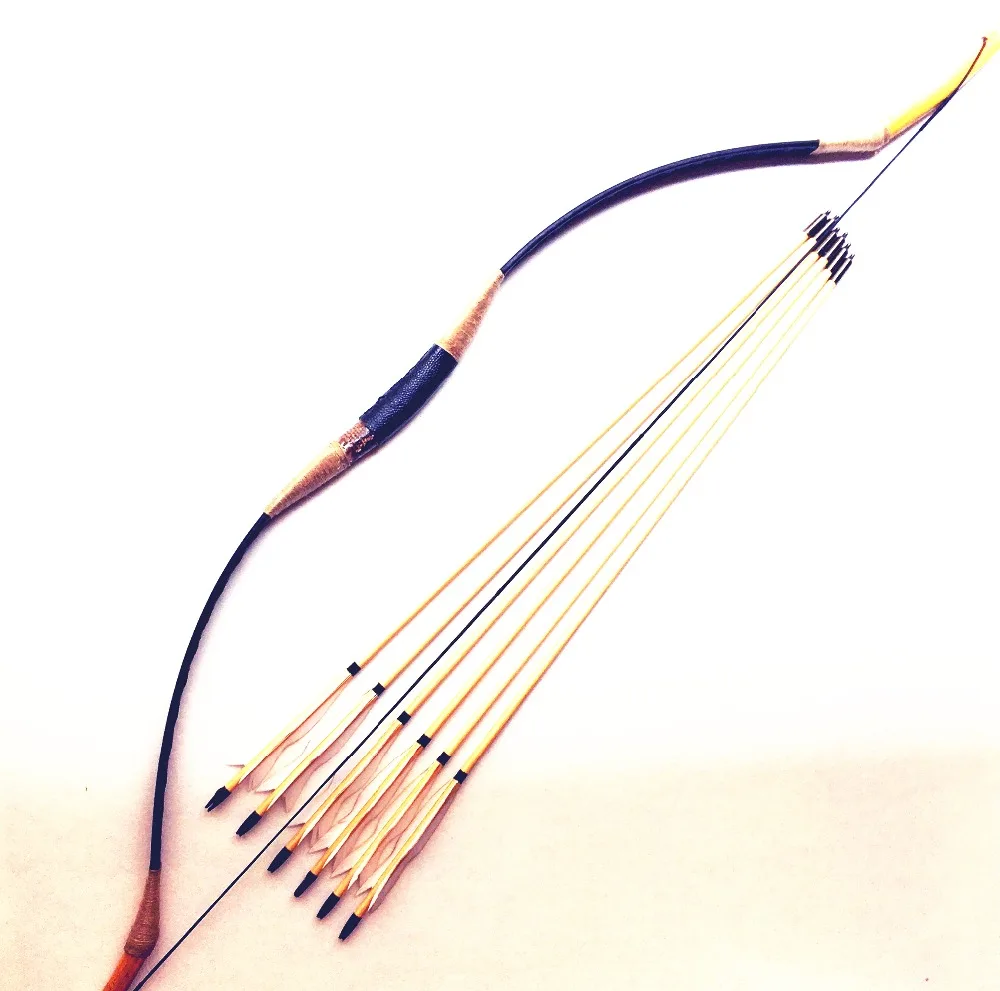 

Traditional Bow Black Leather Hungarian Style With 6 White Wooden Arrows For Hunting Archery