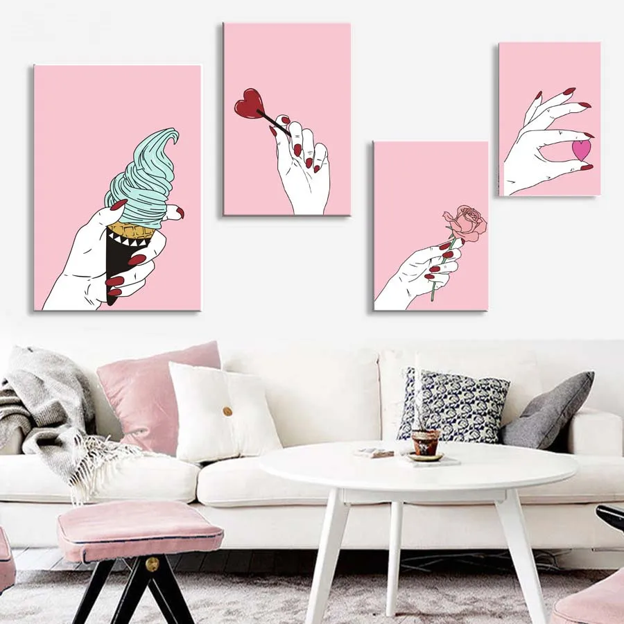 Lady-Hands-Rose-Ice-Cream-Canvas-Art-Prints-Painting-Pink-Poster-Modern-Cuadros-Modular-Wall-Picture (1)