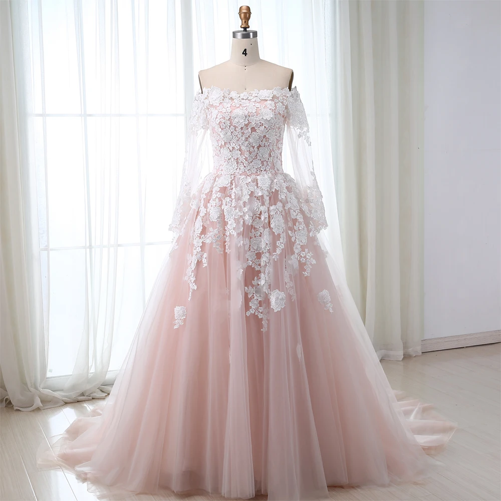 

2019 Pink Ball Gown Wedding Dresses With Long Sleeves Off Shoulder Tulle Lace Wedding Gowns Women Bridal Dresses Bridal Gowns