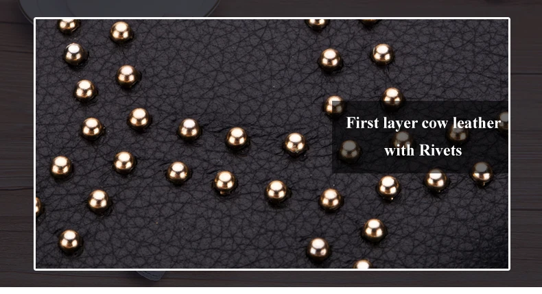 Lomelobo Ladies Rivets Small Wallet Genuine Cow Leather Women Three-Fold Short Personality Wallet Girls Credit Card Holder Purse HPL2627-1 Details (01)