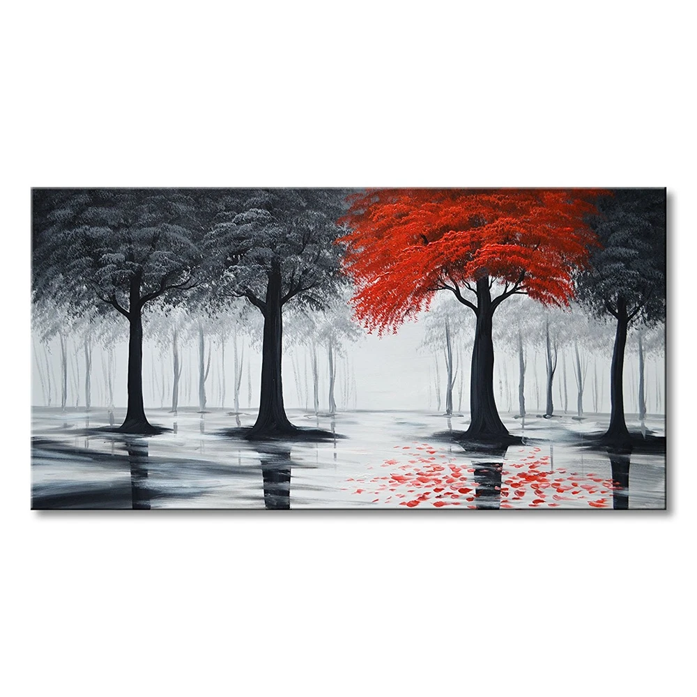 Hand Painted Landscape Oil Painting On Canvas Modern Black and Red Forest Wall Art Abstract Tree Artwork for Living Room Bedroom